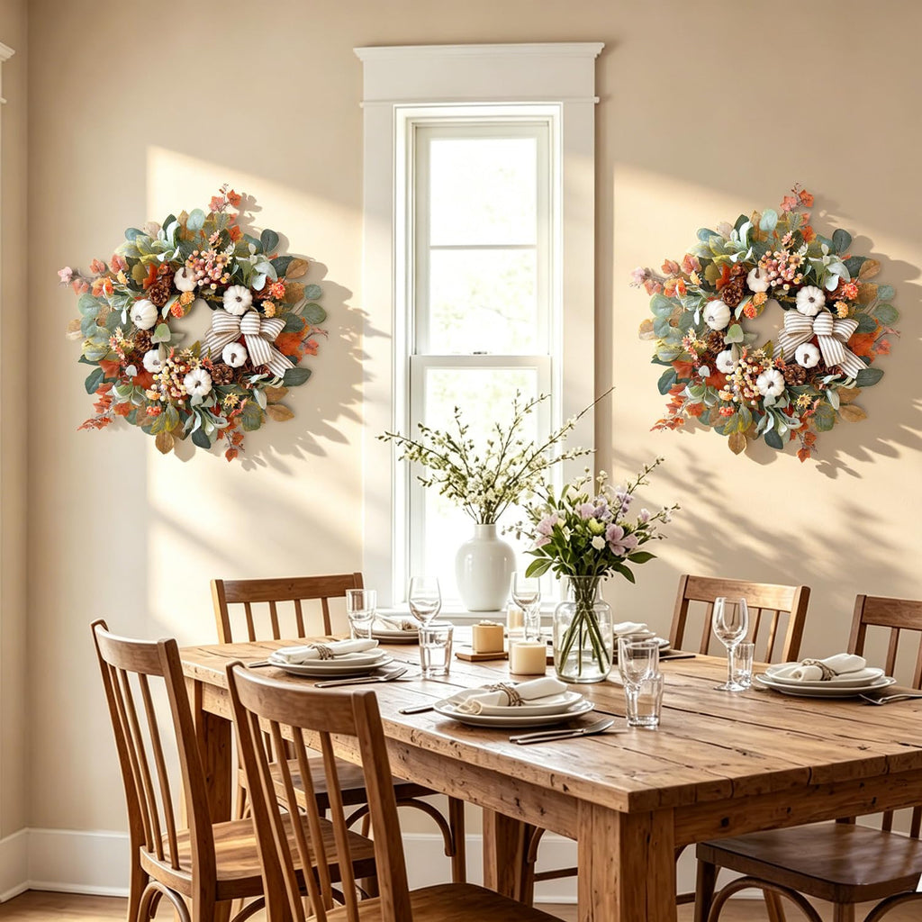 24 Inch Farmhouse Fall Wreath for Front Door with White Pumpkin