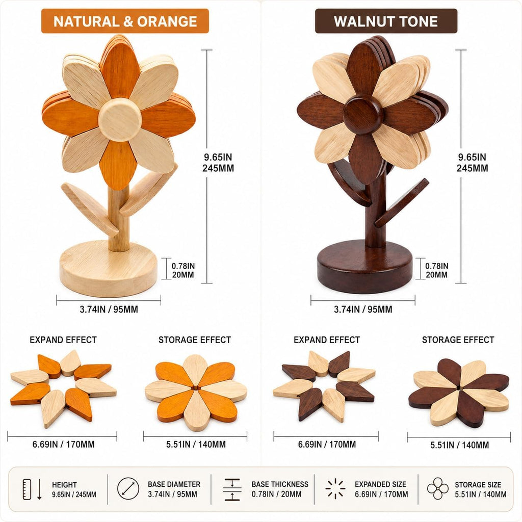 Sunflower Trivets for Hot Dishes, Wooden Tree Trivet Stand Set - Set of 5