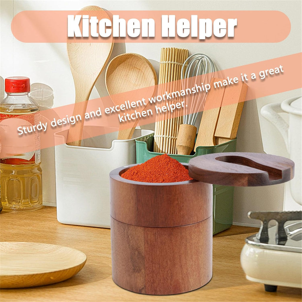 2 Layers Acacia Wood Salt and Pepper Bowl Salt and Pepper Storage Box Salt Container Salt Keeper with Built in Spoon