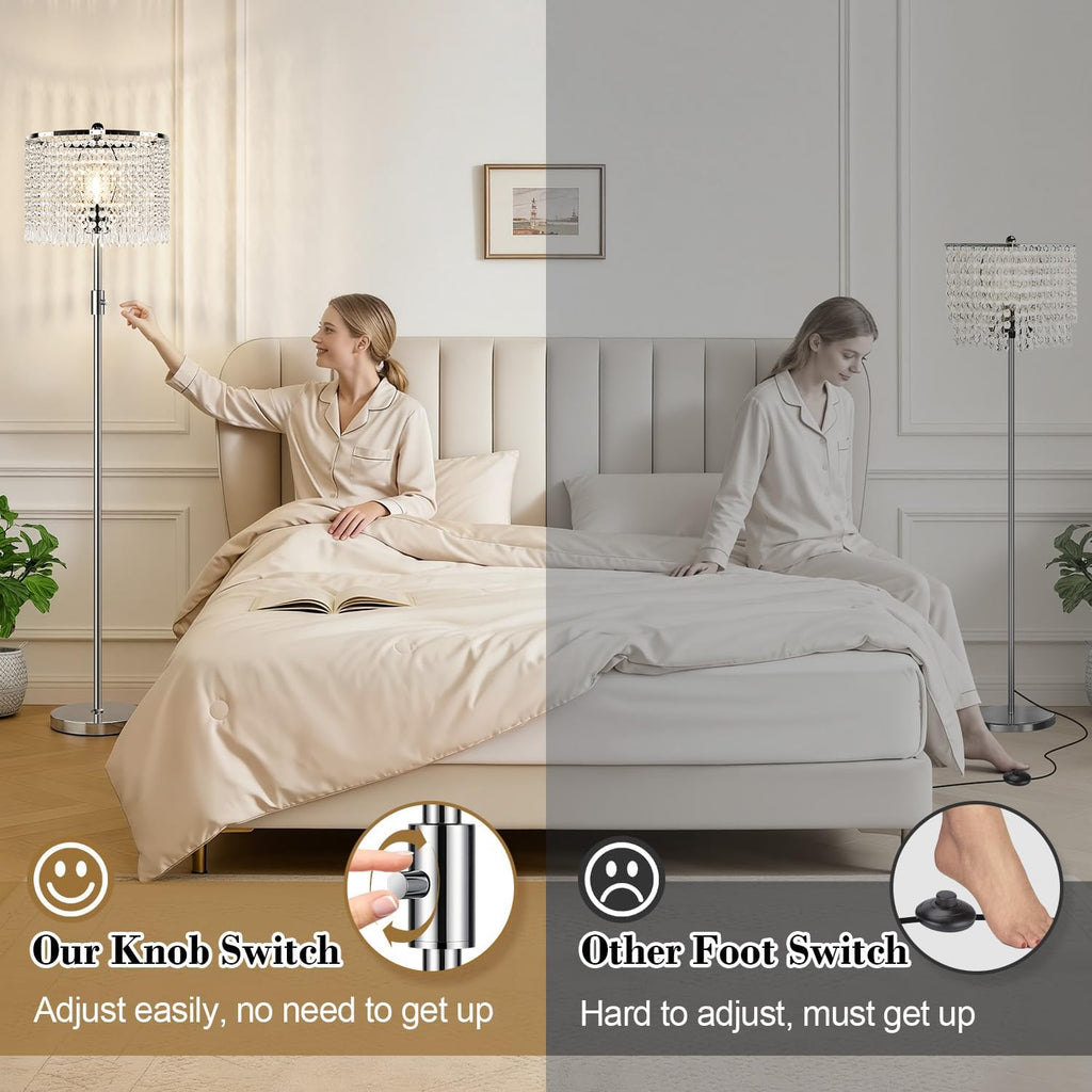 Upgraded: Dimmable Crystal Floor Lamps, 1000LM LED Bulb Included, Standing Lamp with Knob Switch, Tall Silver Modern