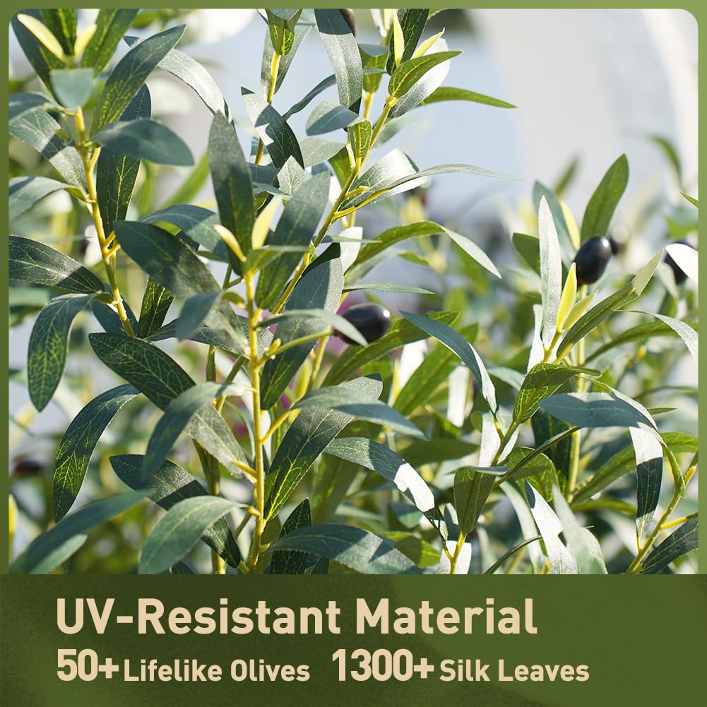 Artificial Olive Tree 6FT, UV Resistant Tall Fake Tree Indoor Outdoor with White Taper Planter & Pebbles - Potted