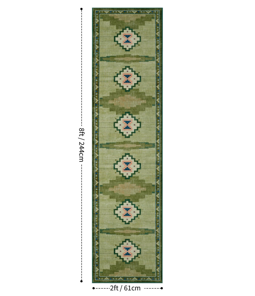 Washable Green Mid Century Modern Runner Rug