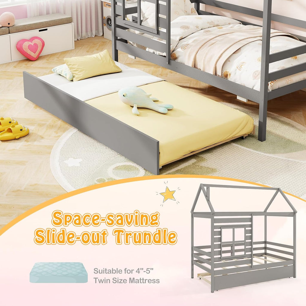 Tw Bed with Trundle Bed, Wooden Twin Bed Frames with Roof, Chimney & Window, Montessori House Bed with Safety