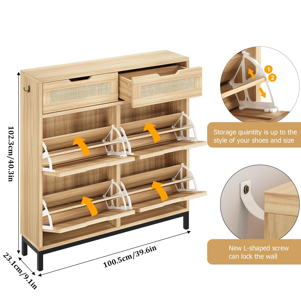 Rattan Shoe Cabinet with 4 Flip Drawers and 2 Drawers, Narrow Freestanding Shoe Storage Cabinet with Metal Legs