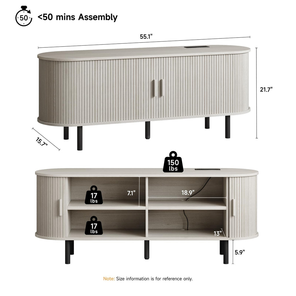 55" TV Stand with Power Outlet & Storage for TVs 60", Natural White