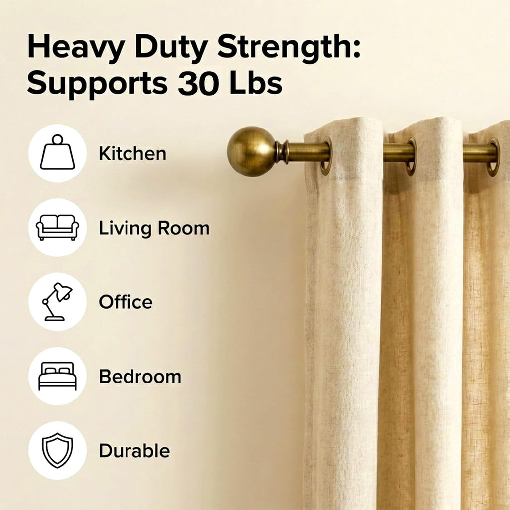 Brass Curtain Rods for Windows 18 to 45 inches, 1 Inch Modern Metal Drapery Rods, Adjustable Heavy Duty Curtain Pole