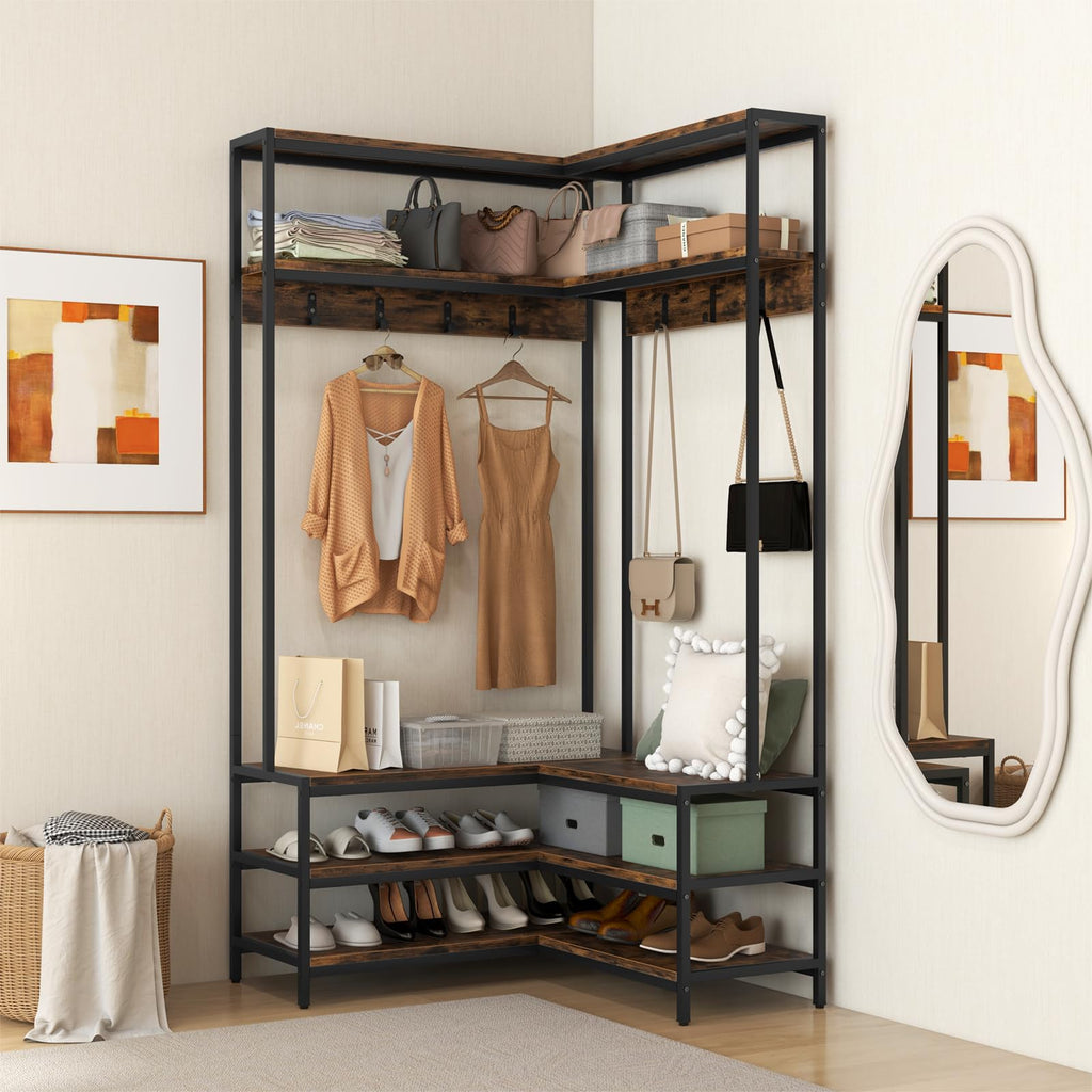 Corner Hall Tree, 70 Inch Coat Rack with Bench and Shoe Storage, Entryway Furniture with 7 Hooks, Heavy Duty Metal