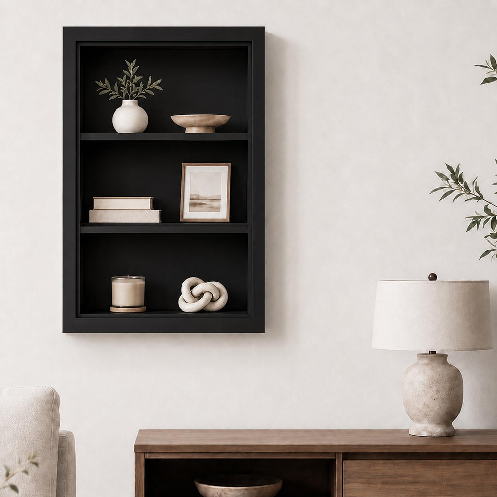 14" x 24" Recessed Medicine Cabinet with 3-Tiers Shelves, Solid Wood, Black