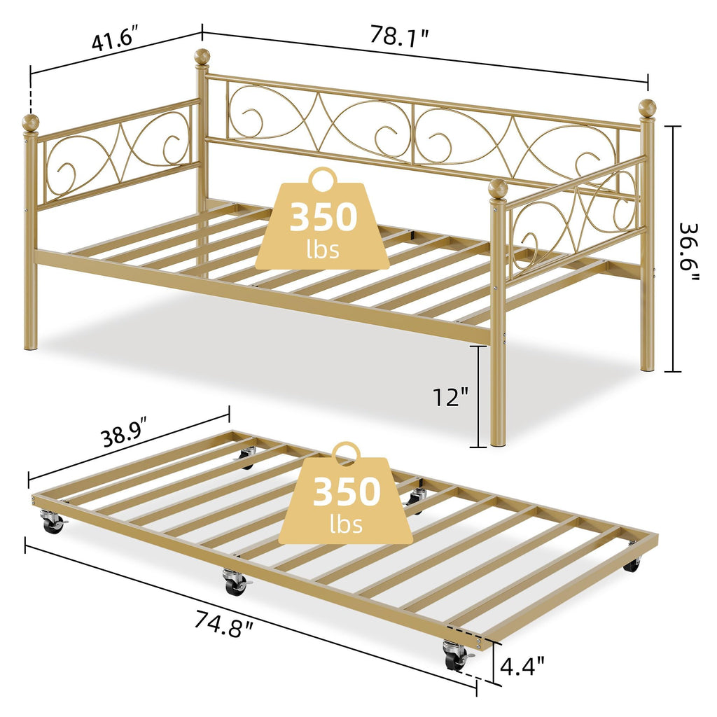 Daybed with Trundle Bed, Twin Size Day Bed with Floral Headboard, Metal Sofa Bed Frame with Pull-Out Trundle, Heavy