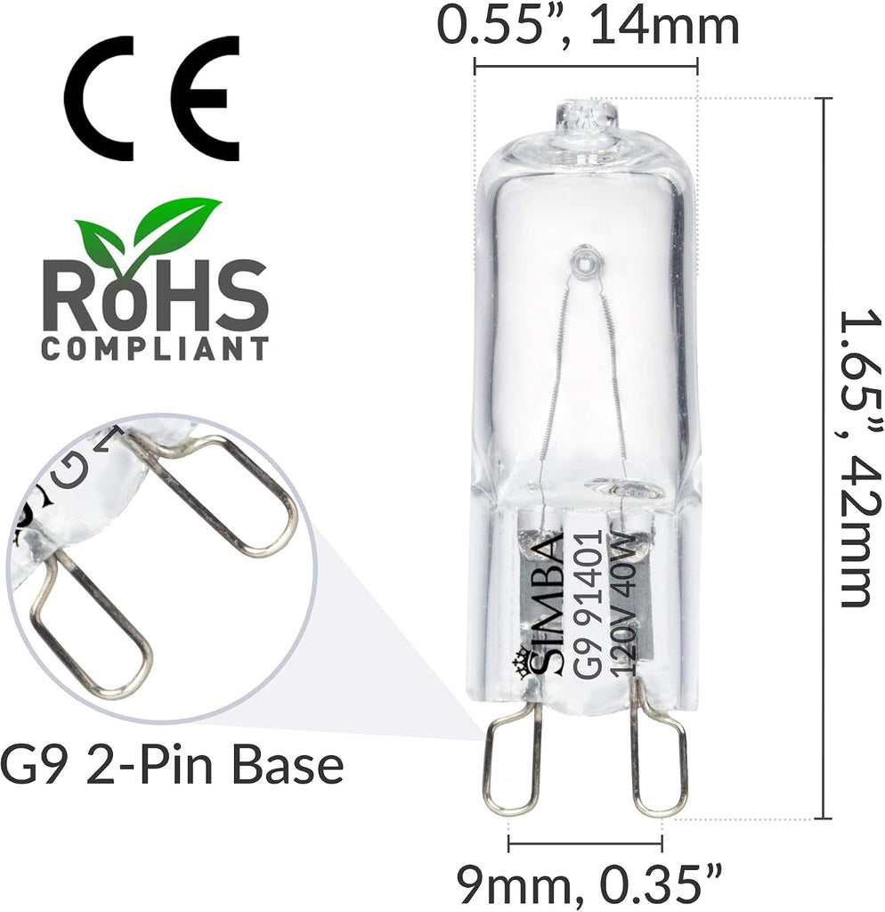 Halogen Light Bulb G9 T4 40W JCD Bi-Pin 120V, 2700K, 10 Pack