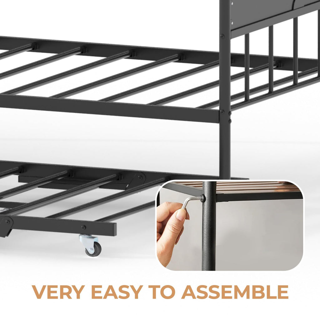 Daybed with Trundle, Twin Bed Frame with Sturdy Metal Foldable Trundle Bed, Trundle Bed Twin with Stylish Headboard