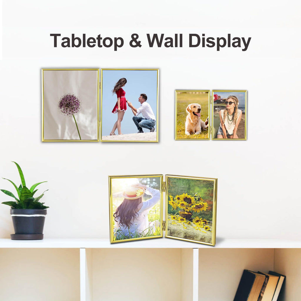 8x10 Picture Frame Double Hinged Folding, Elegant Thin Edge Metal Real Glass 8 by 10 Photo Frames, for Tabletop and