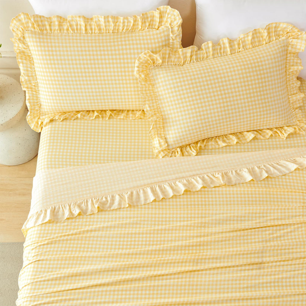 3Pcs Yellow Plaid Ruffled Bed Sheet Set with 1 Pillowcase