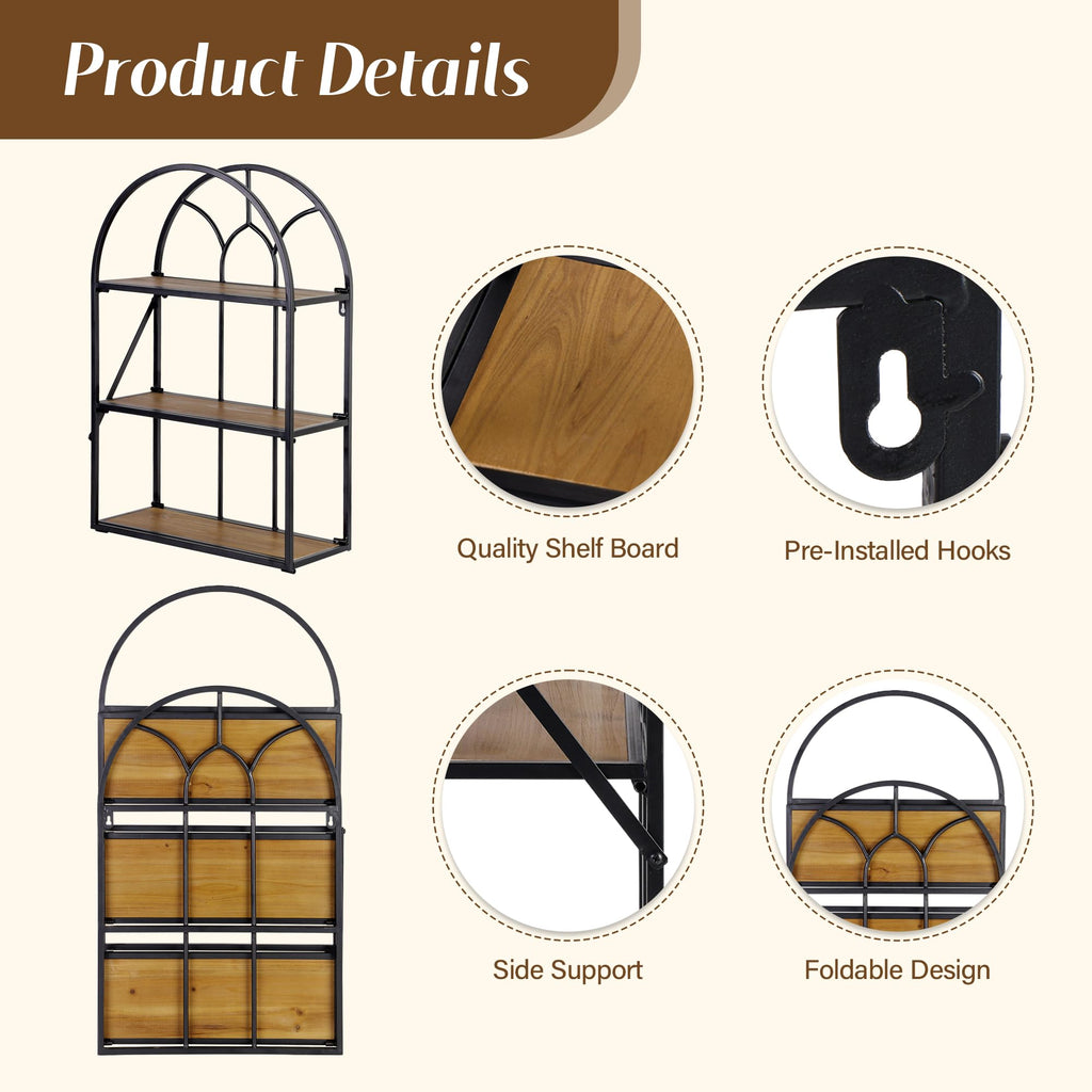 Arched Foldable Metal & Wood Wall Shelf - 3 Tier Freestanding Floating Ledge Shelves Window Design Storage Rack Décor
