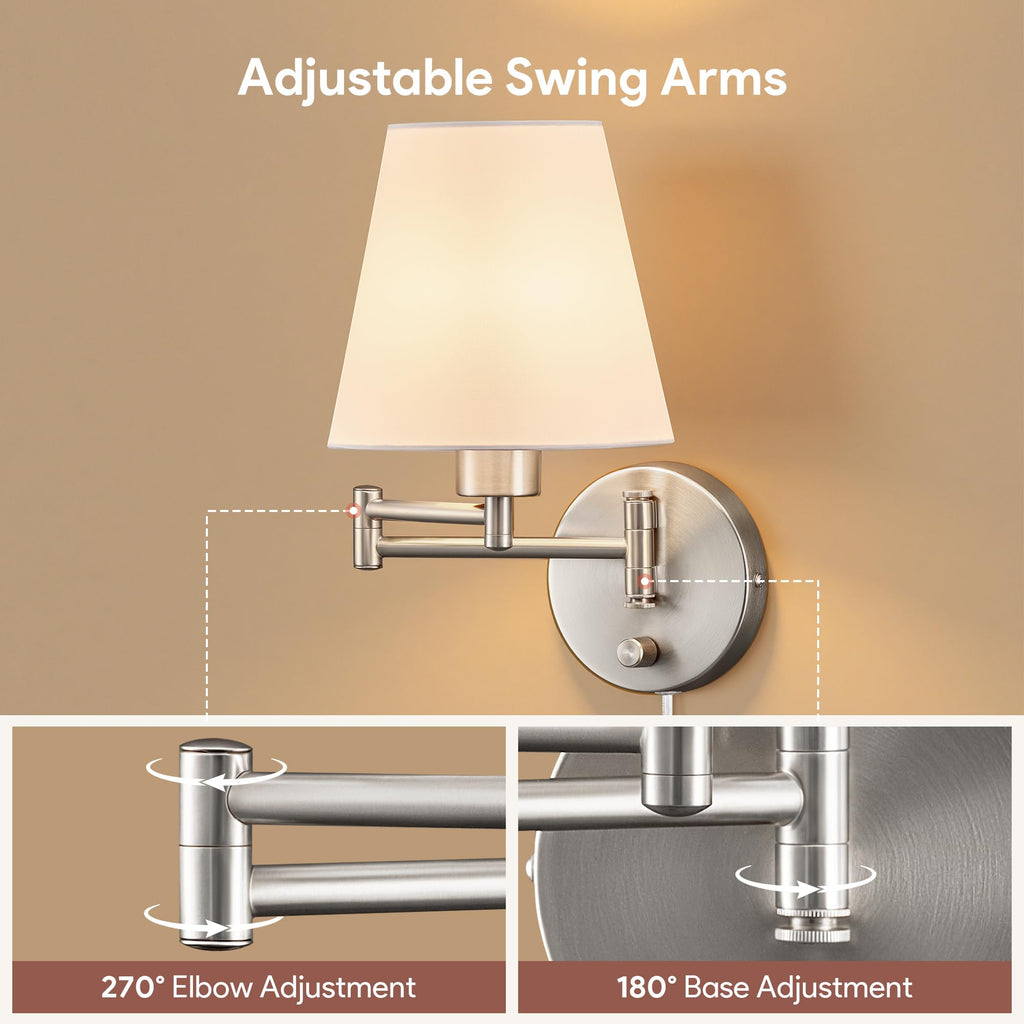 Wall Lamp, Plug in & Swing Arm Wall Sconce, Nickel Finish