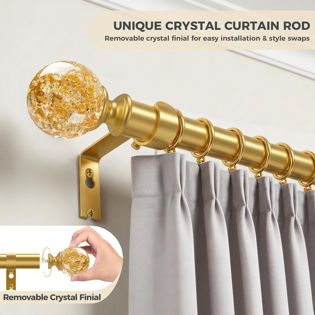 Gold Decorative Crystal Curtain Rods:36-88 Inch Heavy Duty Adjustable Window Curtains Rods for Bedroom Living Room