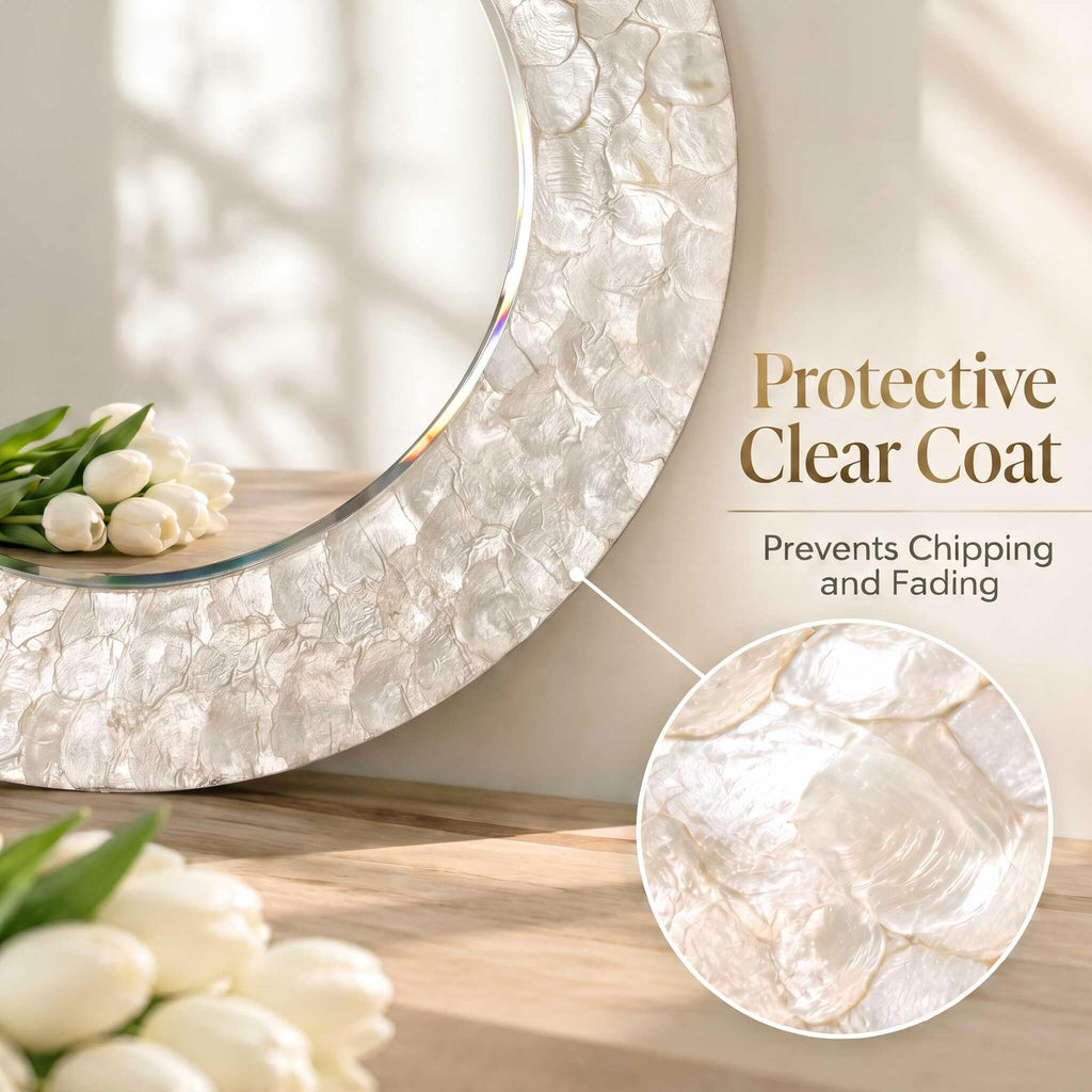 Round Coastal Mirror with Capiz Shell Frame, 36'' Large Circle Bathroom Mirrors, Decorative Wall Mirror Dining Room