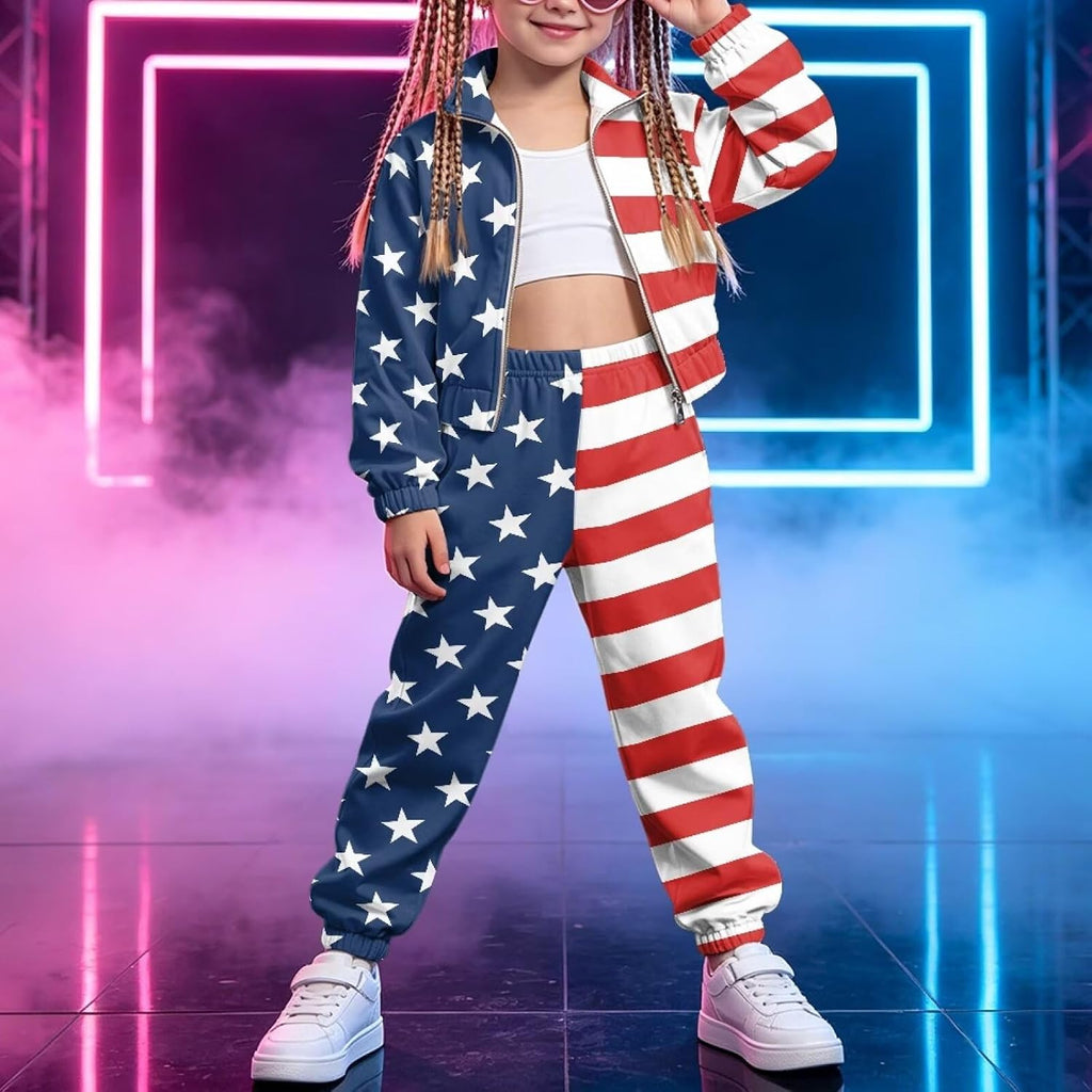 Girls 2 Piece Crop Tracksuit Set Zip Up Jacket & Pants Sweatsuit