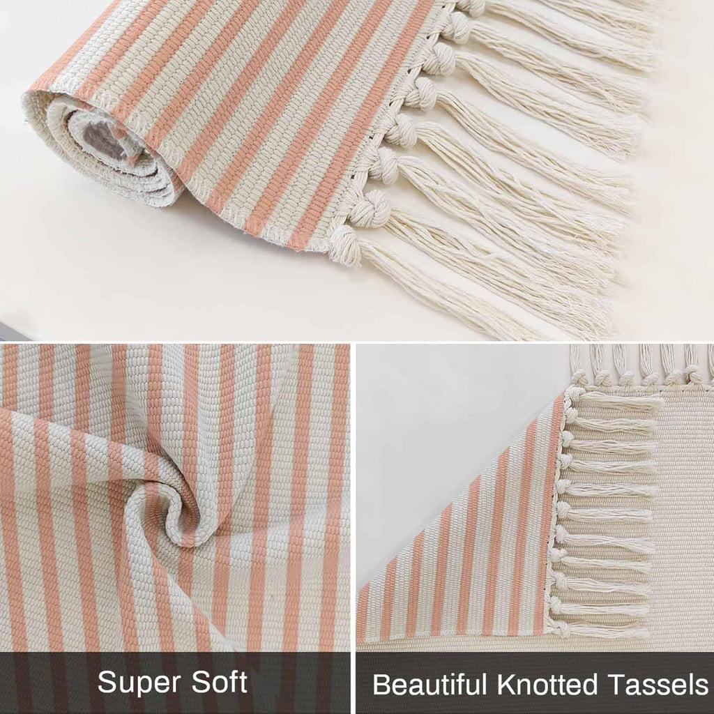 Minimalist Peach Pink Striped Runner Rug with Tassel Modern Art Vertical Line Print Entryway Rugs Washable
