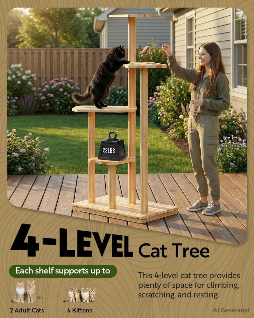 60" Tall Weatherproof Outdoor Cat Tree Tower, Solid Natural Wood