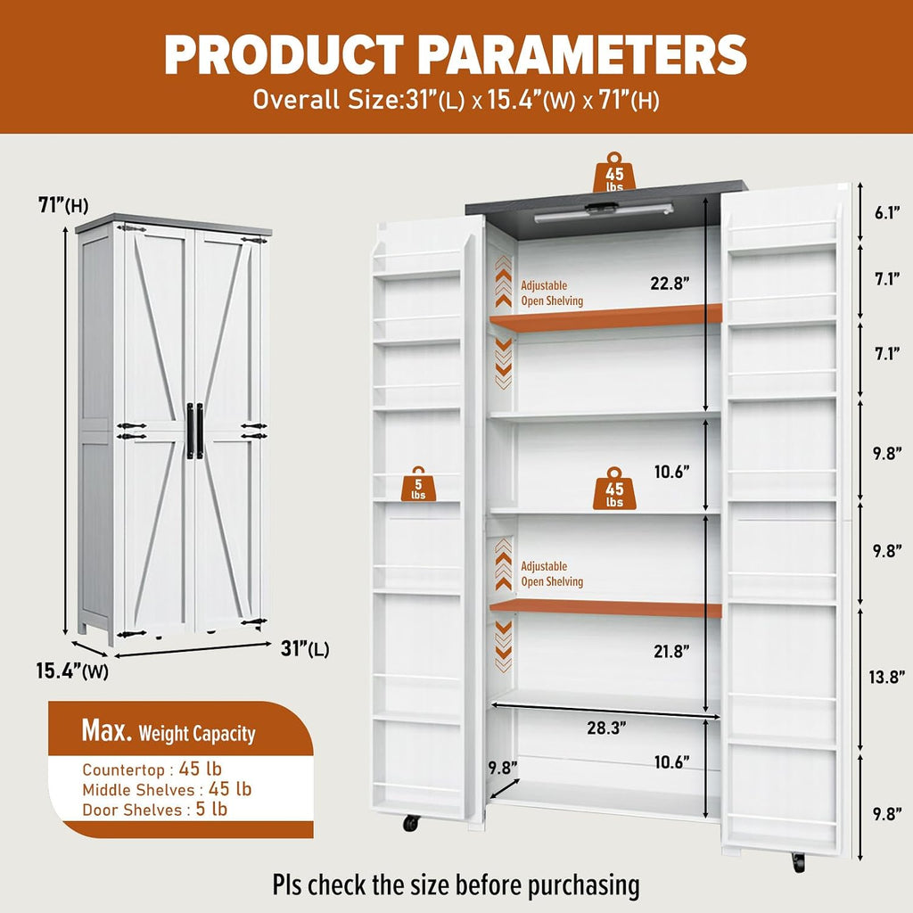 Food Pantry Storage Cabinet with Led Light, 71" Tall Farmhouse Kitchen Pantry Cabinet with Adjustable Shelves, Free