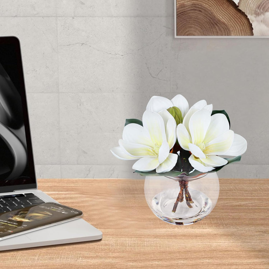 Artificial Magnolia Flowers with Vase White Fake Magnolia Flowers in Glass Vase with Faux Water Small Potted Flower