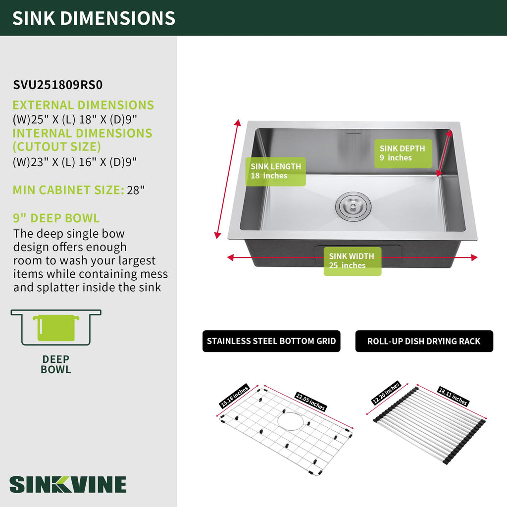 25-inch Undermount Kitchen Sink, Stainless Steel Single Bowl