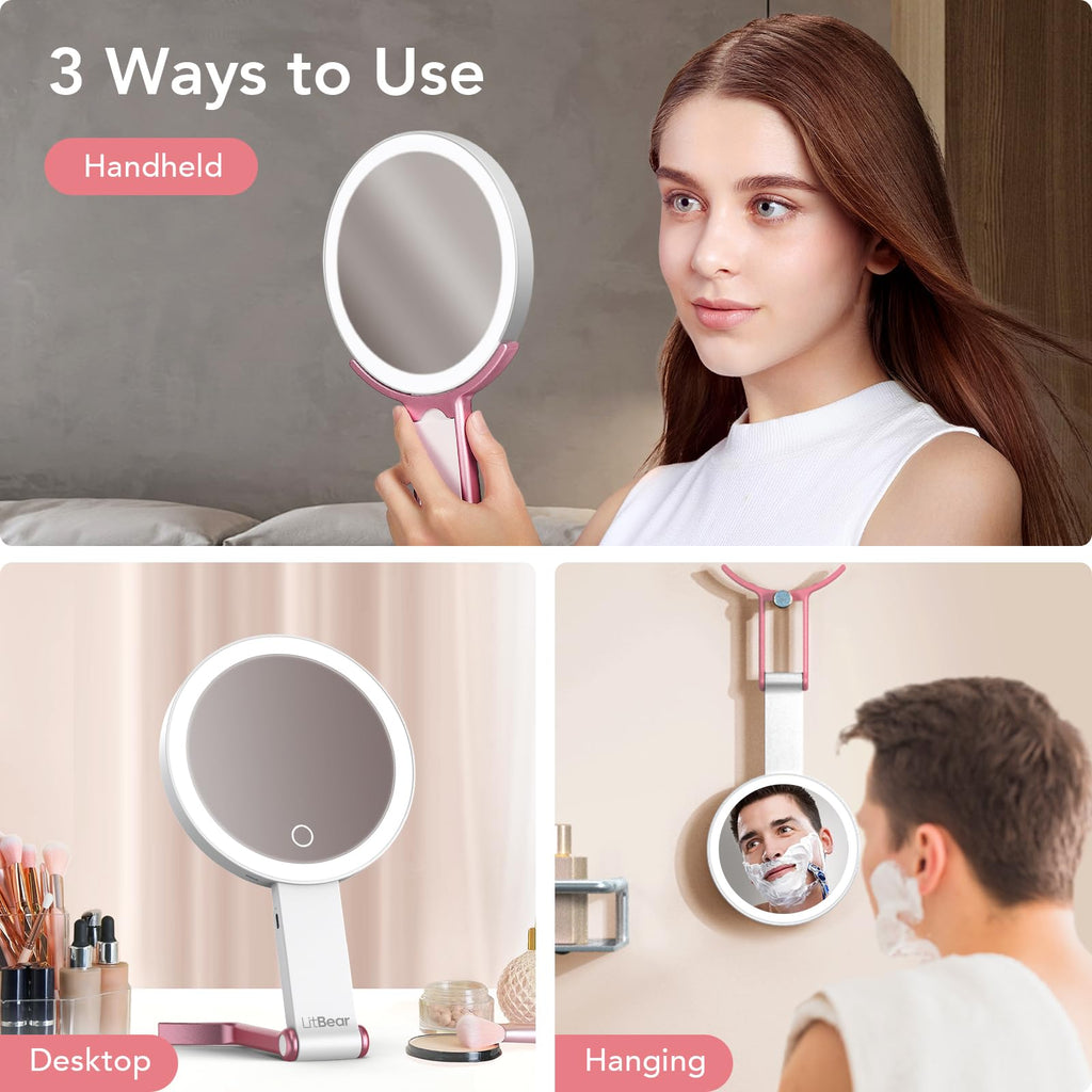 Travel Makeup Mirror with Lights, Rechargeable Double-Sided 10X/1X Magnifying Mirror, Portable Lighted Beauty Mirror