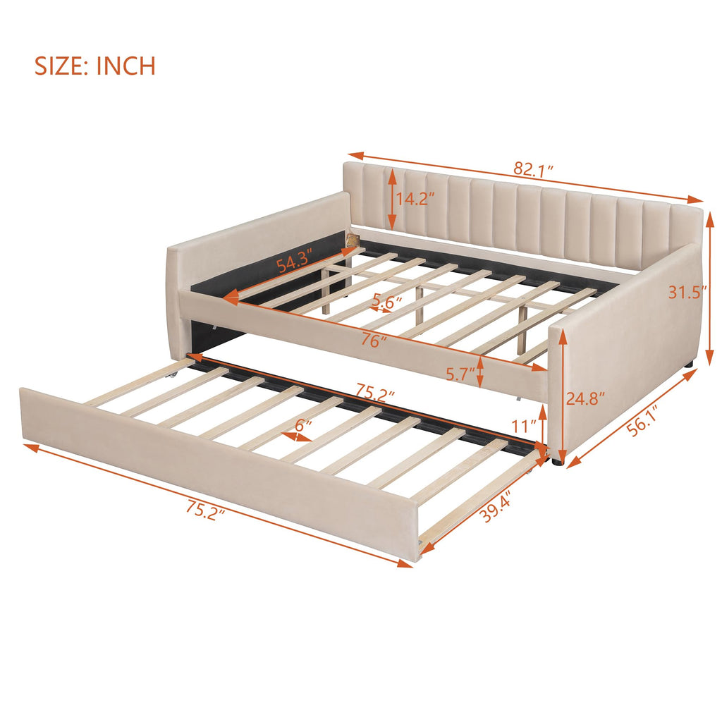Full Size Daybed with Trundle, Upholstered Day Bed Frame Velvet Sofa Beds with Vertical Channel Tufted Headboard