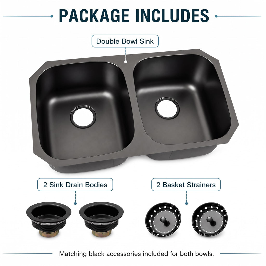 32 Inch Black Kitchen Sink, Double Bowl Kitchen Sink, Undermount Kitchen Sink Stainless Steel, Black Oval Kitchen