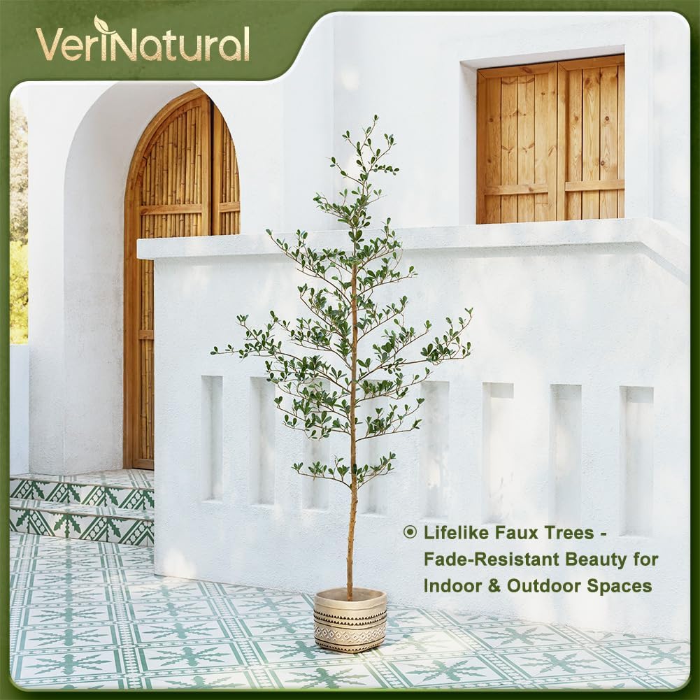 Artificial Black Olive Tree 6FT Indoor Outdoor Decor Faux Plants - Real Wood Trunk Fake Tree with Green UV Resistant