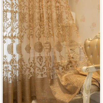 1 Pair Luxury European Sheer Curtains Hollow Embroidered Tulle Curtains for Bedroom Living Room (Gold,54x96 Inch)