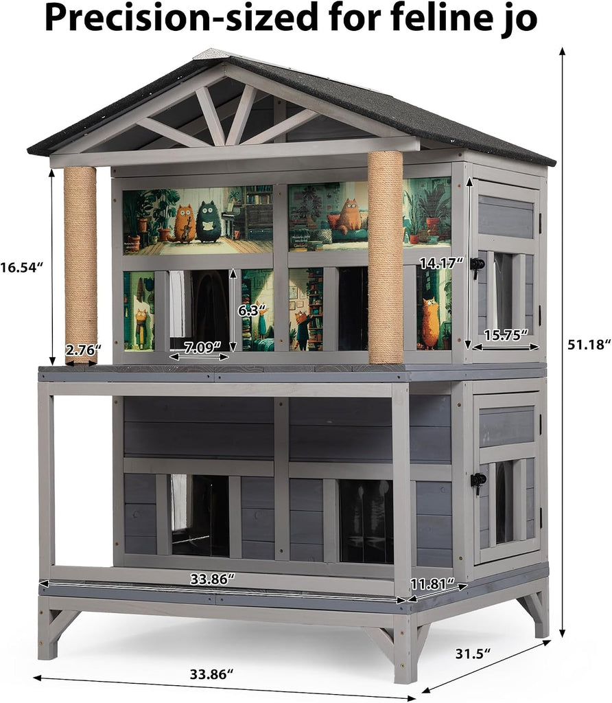 Double-Layer Feral Cat House, 50" Tall Weatherproof Outdoor Cat Shelter with 4 Sleeping Compartments, Asphalt Roof