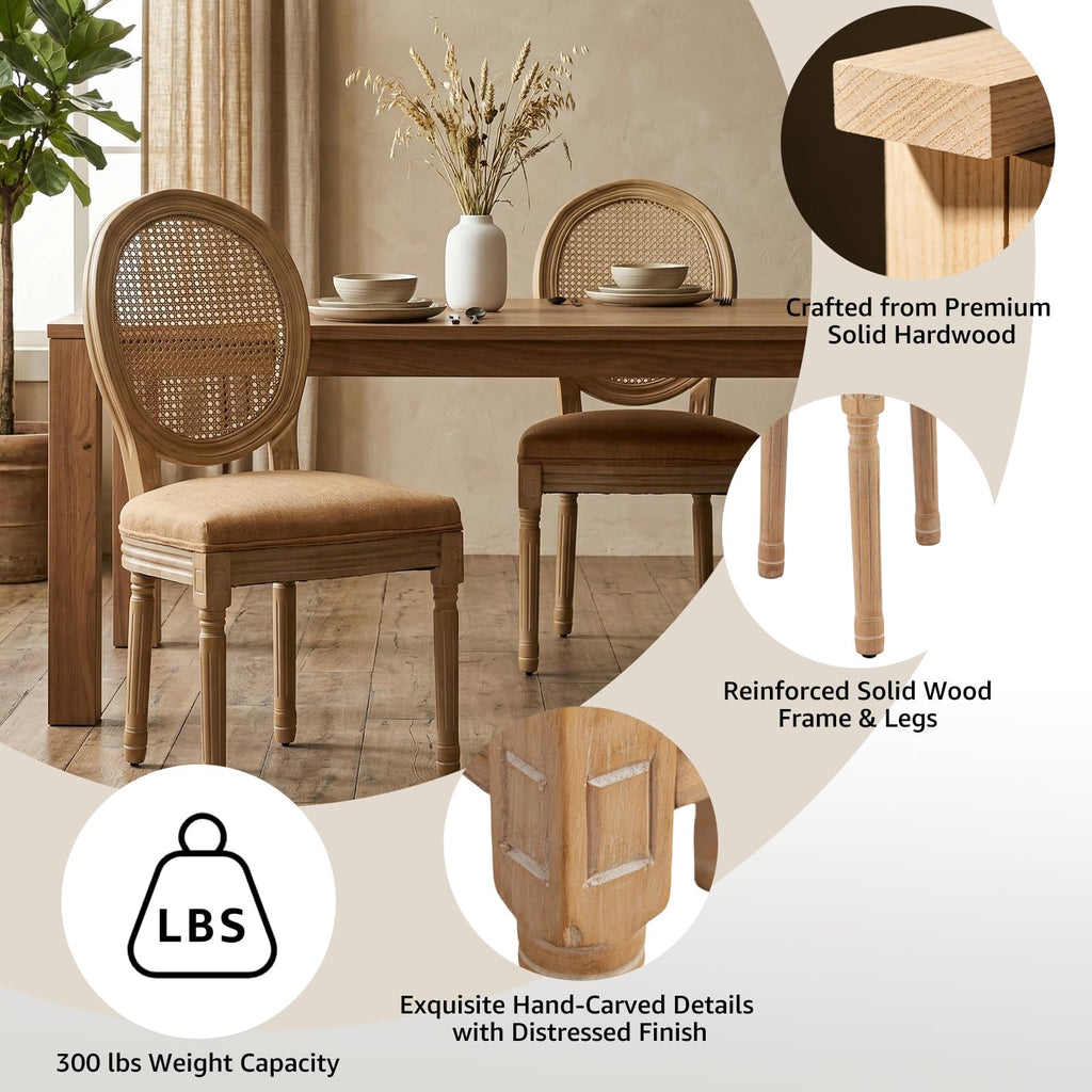 Vintage French Country Dining Chairs Set of 4, Farmhouse Rattan Dining Room Chairs with Round Back, Linen Upholstered