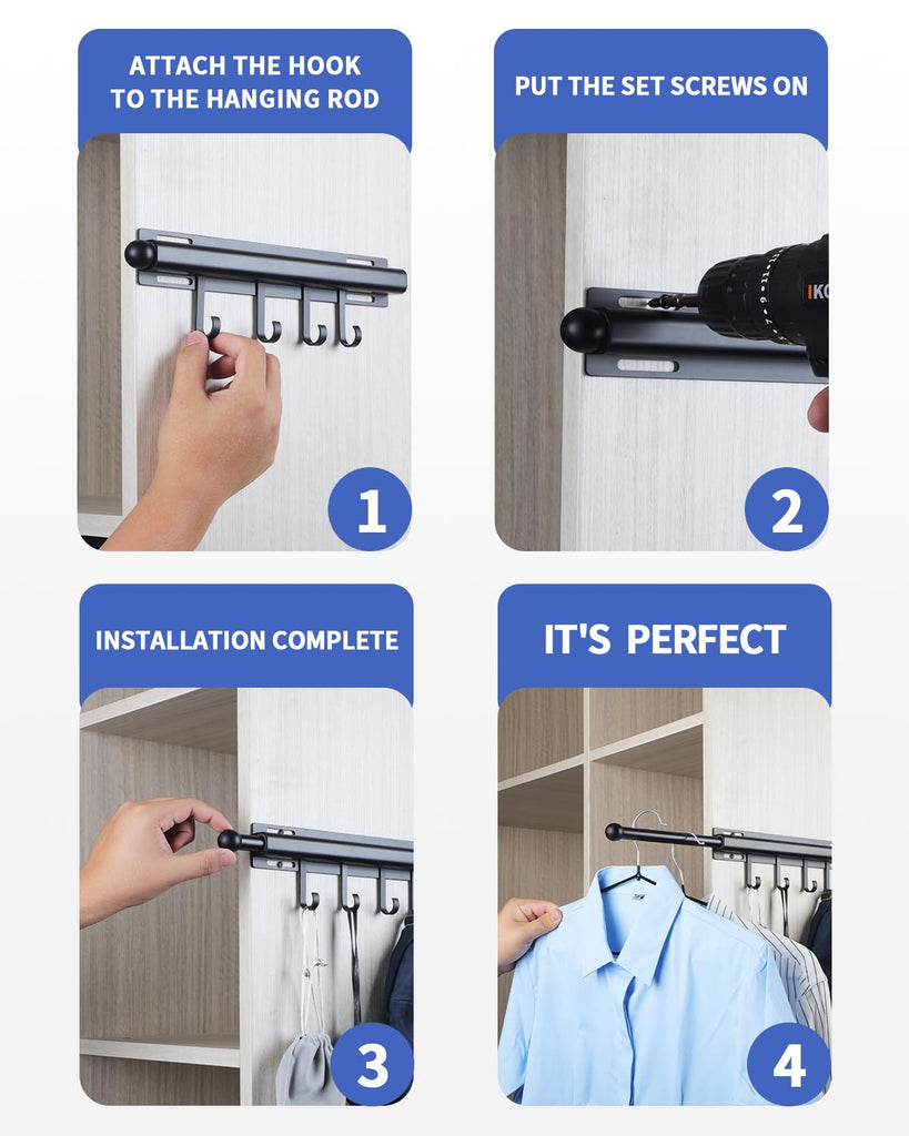 Valet Rod for Closets Pull Out 12" Black with 4 Hooks