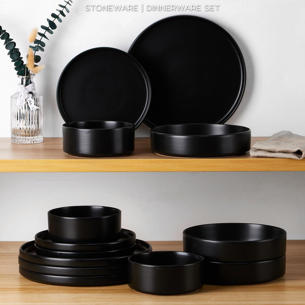 Stoneware Dinnerware Set with Pasta Bowl, 24Pcs Black Dish Set for 6