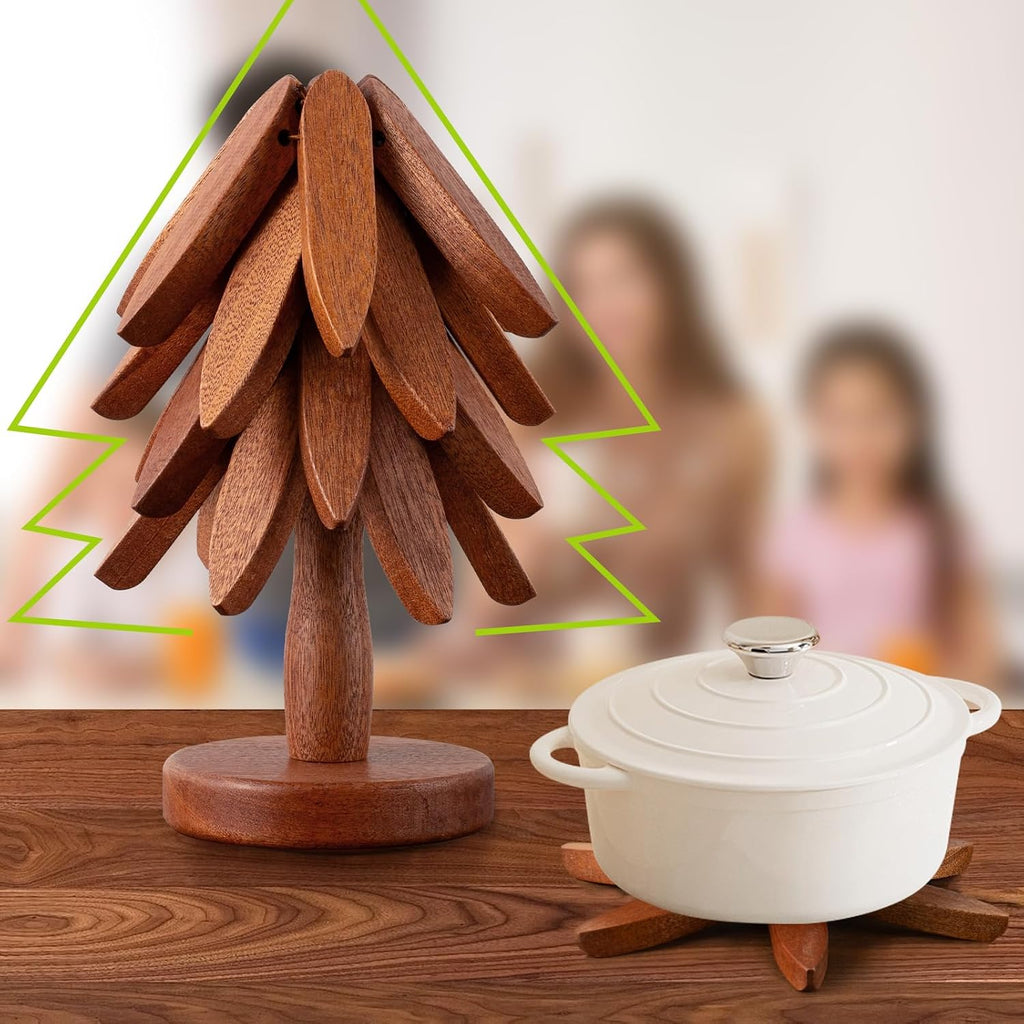 Wooden Trivets for Hot Dishes, Hot Dish Coaster with Tree-Shaped Wood Collapsible Hot Pad Trivet Tree for Restaurant - Set of 4