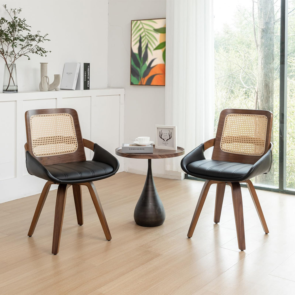 Set of 4 Kitchen & Dining Room Chairs - Swivel Dining Chairs with Cane Back, Walnut Bentwood Frame, Faux Leather