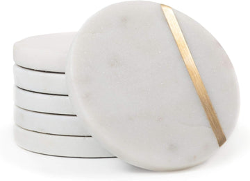 Marble Coasters with Gold Brass Inlay, White - Set of 6