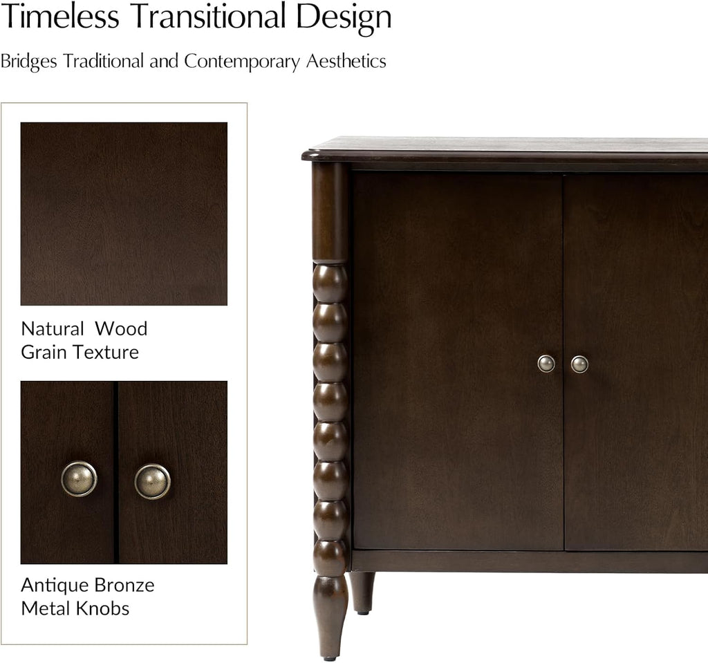 60" Sideboard Cabinet with Spindle Design, Transitional Storage Cabinet with 4 Doors, Adjustable Shelves