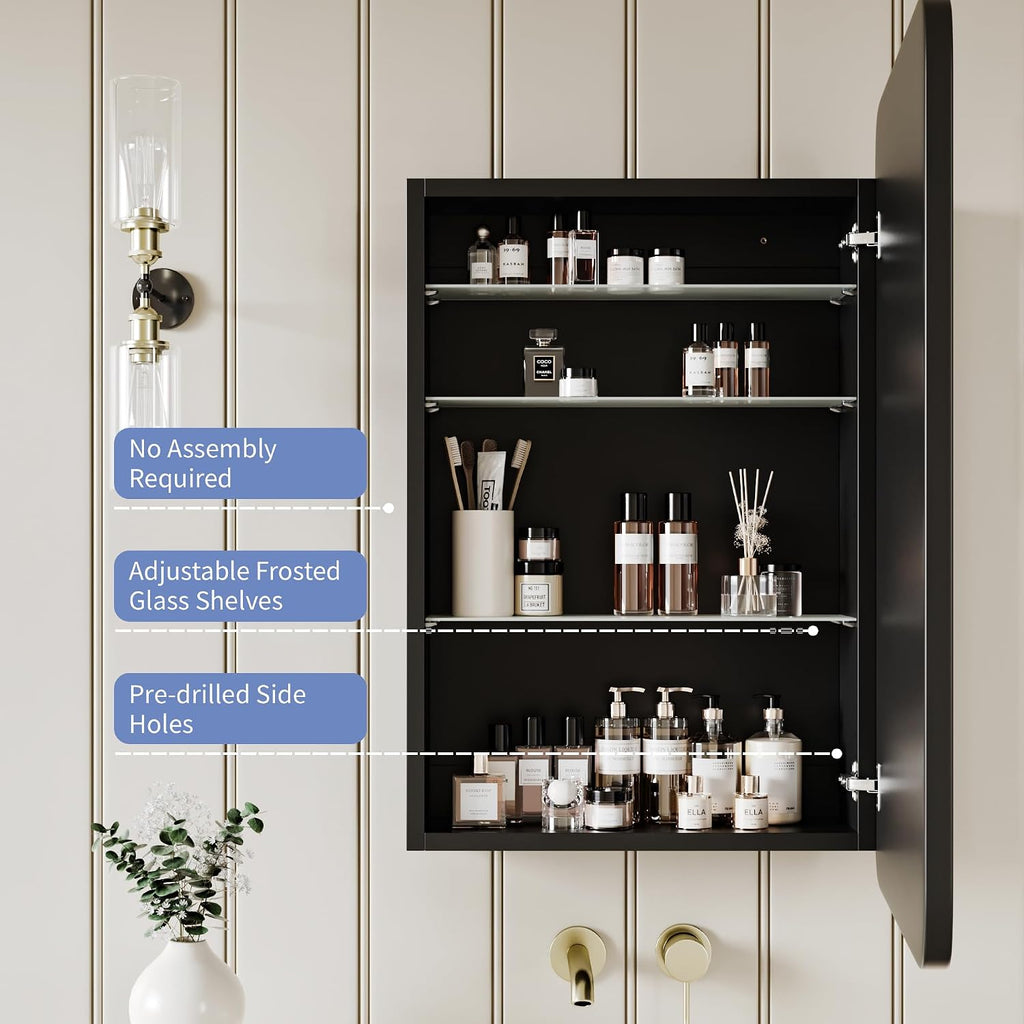 Medicine Cabinet with Black Metal Frame Mirror, Overall 17.5"x29" | Bathroom Wood Wall Cabinet with Mirror, 16.1"x24"