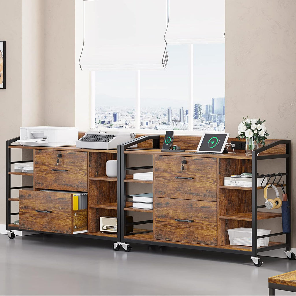 44" File Cabinet with Lock, Filing Cabinet fits Legal/Letter Size | Rustic Brown Lateral 2 Drawer Filing Cabinets