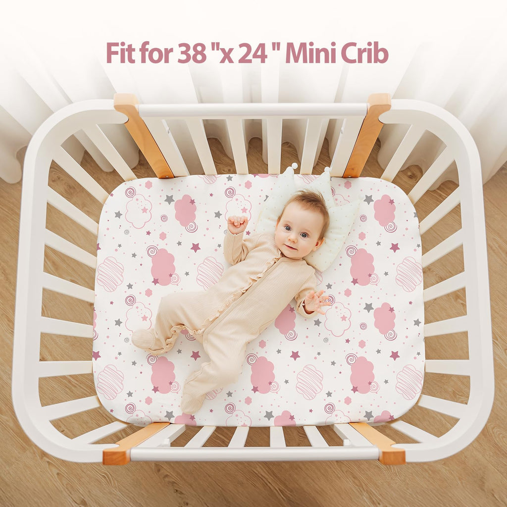 Pack and Play Sheets Fitted, Mini Crib Sheets Girl 38" x 26" 3-Pack