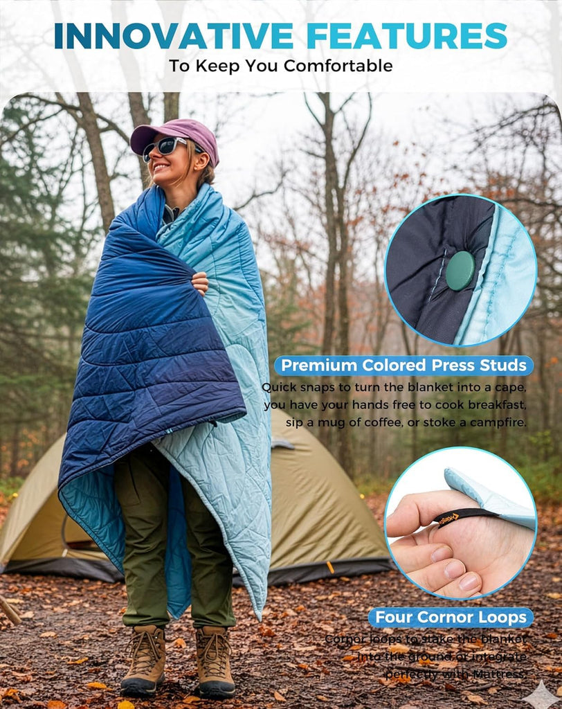 Ultralight Camping Blanket, Wearable Packable Blanket Cyan 79"x57"