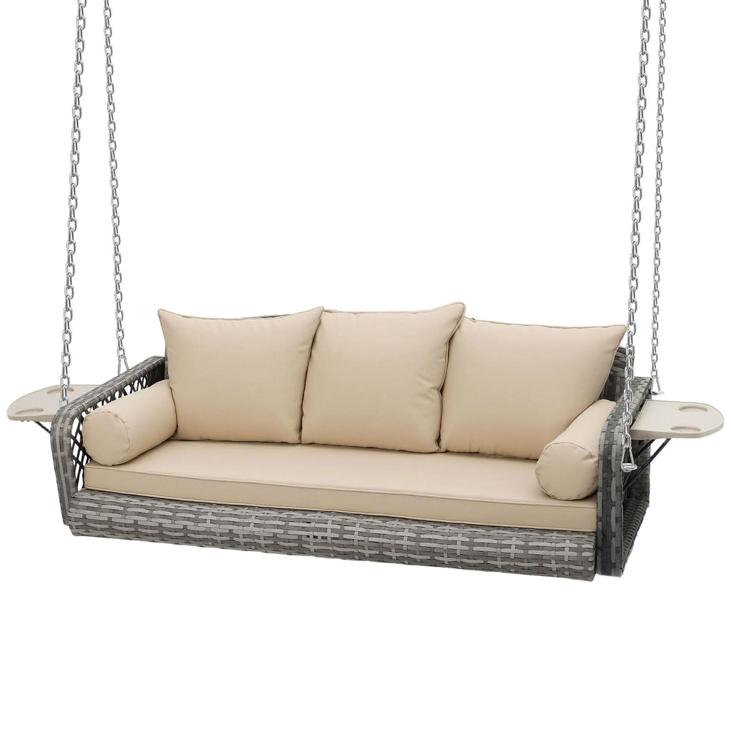 3 Seat Hanging Wicker Porch Swing with Cup Holders, 800Lbs