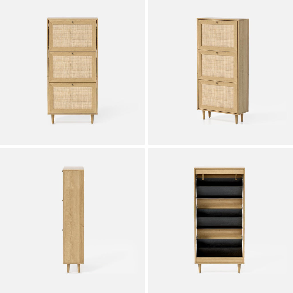 Rattan Shoe Cabinet Set of 2 Narrow Shoe Storage Cabinet with 6 Flip Drawers Hidden Freestanding Shoe Rack Organizer