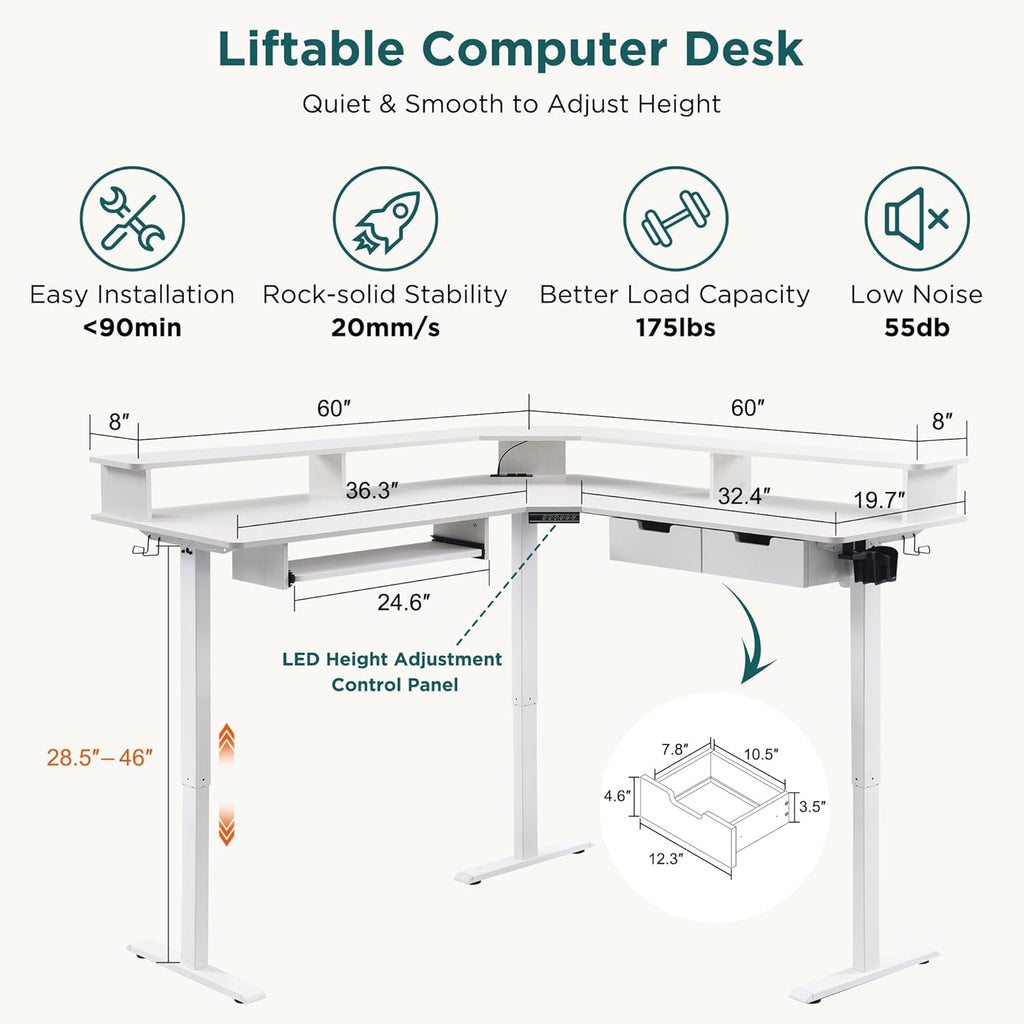 60 Inches L Shaped Electric Standing Desk 2 Tier, Antique White | Height Adjustable Corner Gaming Desk with Drawer