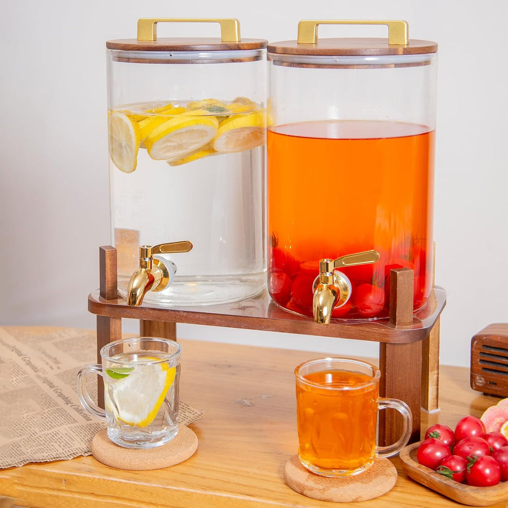 Gallon with Wooden Stand, Drink Dispenser with Stainless Steel Leak-Proof Spigot, Juice & Lemonade Dispenser - Set of 2