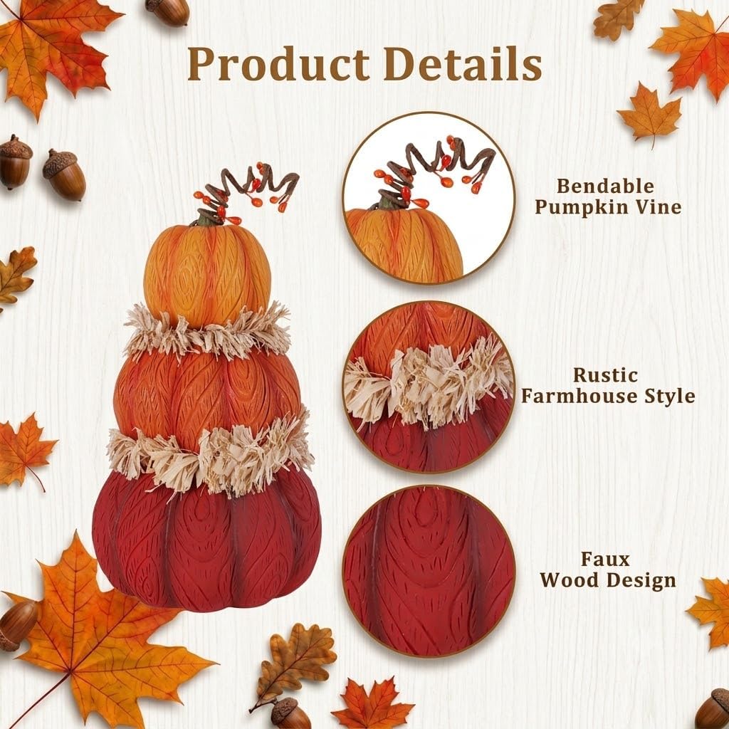 Fall Pumpkin Decor, 7.5in Resin Pumpkins Figurine for Fall Decor, Stacked Knit Textured Pumpkin Fall Decorations