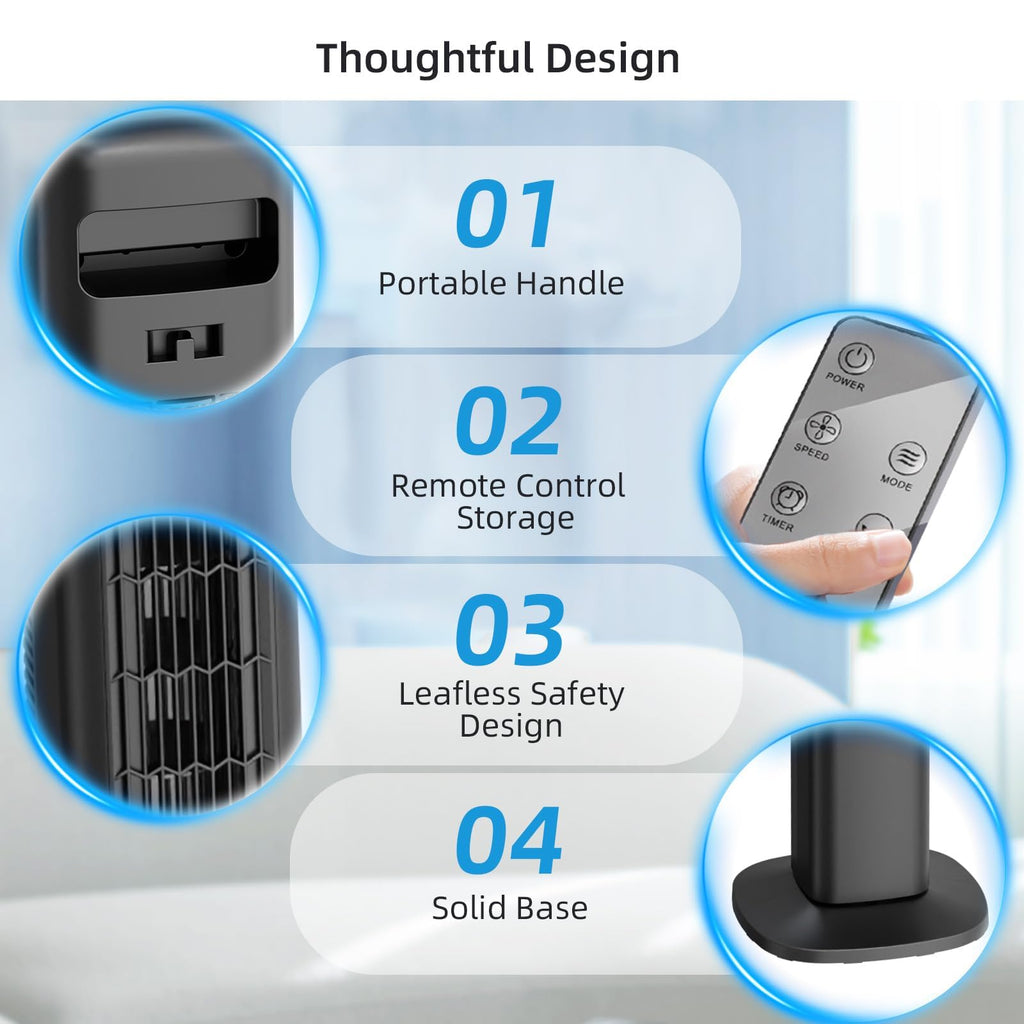 Portable Bladeless Tower Fan, 80° Oscillating Design, Remote Control Included, 5 Speeds & 3 Modes, Quiet Cooling